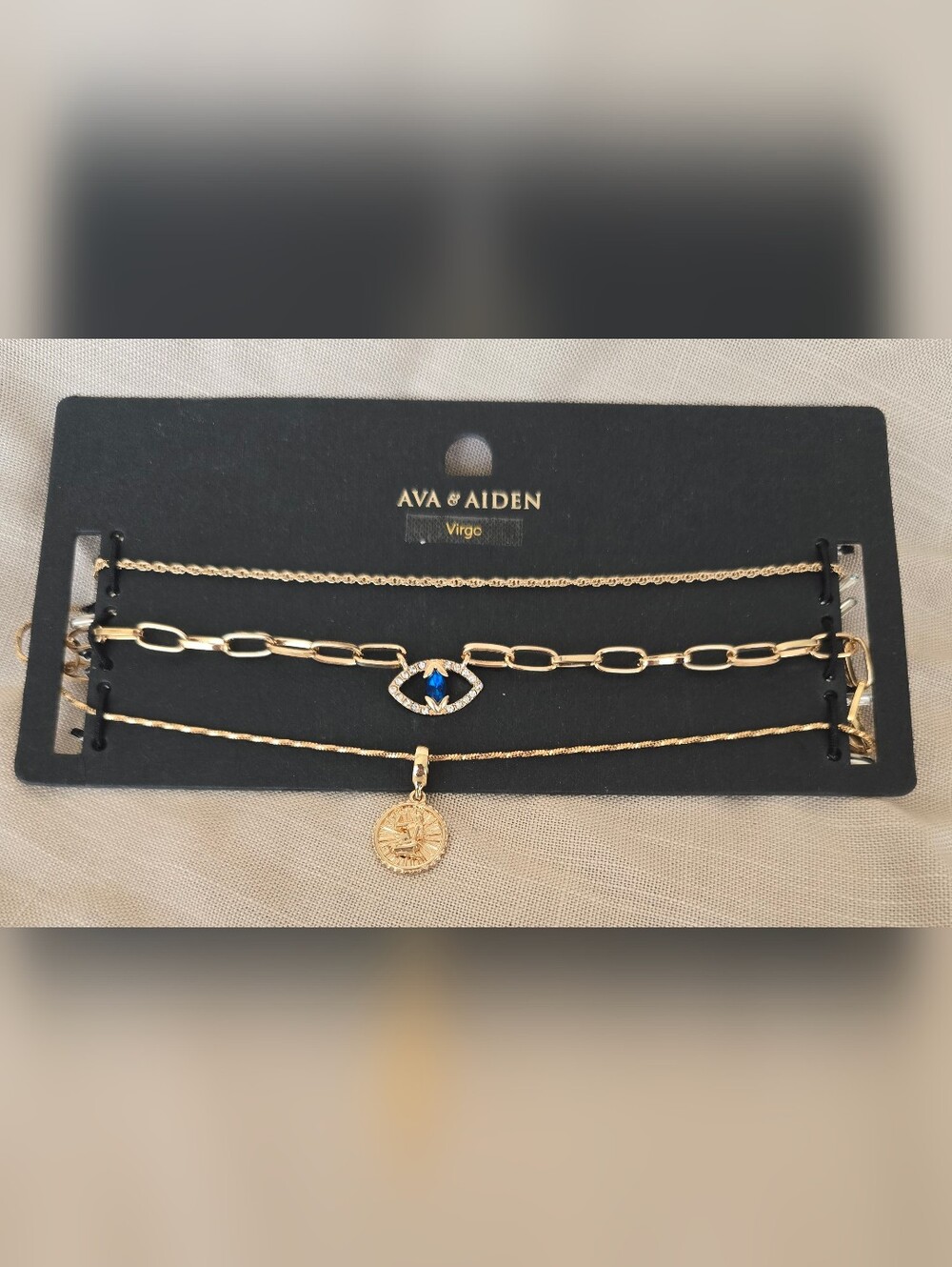 Ava & Aiden Gold Layered Necklace Set with Blue Crystal Eye and Virgo Coin